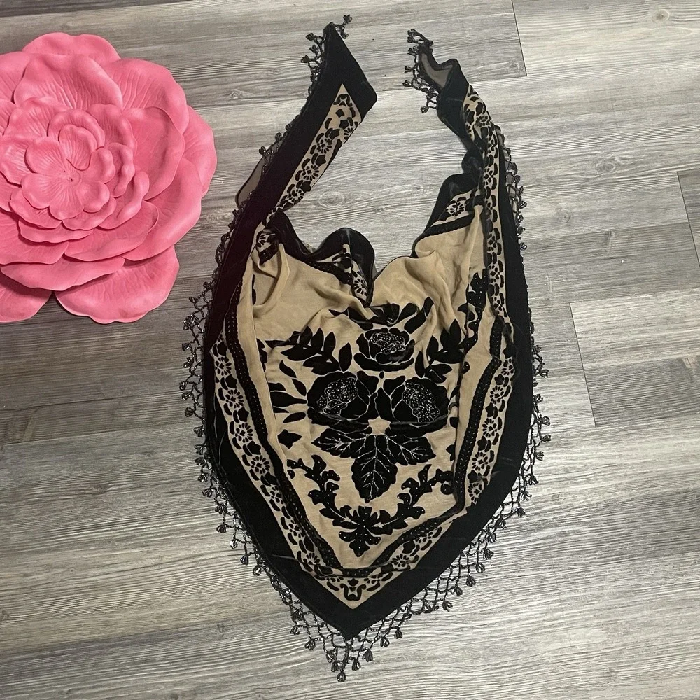 Silk Velvet Burnout Devore Triangle Shawl Scarf Wrap Beaded Fringe Floral Boho